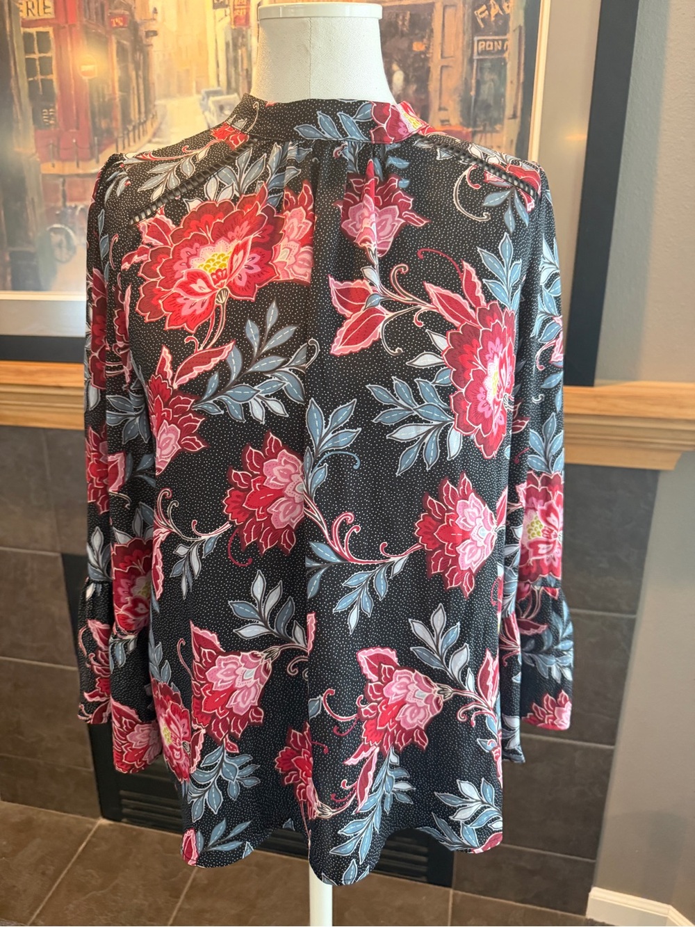 Black Floral Loft Blouse with Pink & Blue Blooms